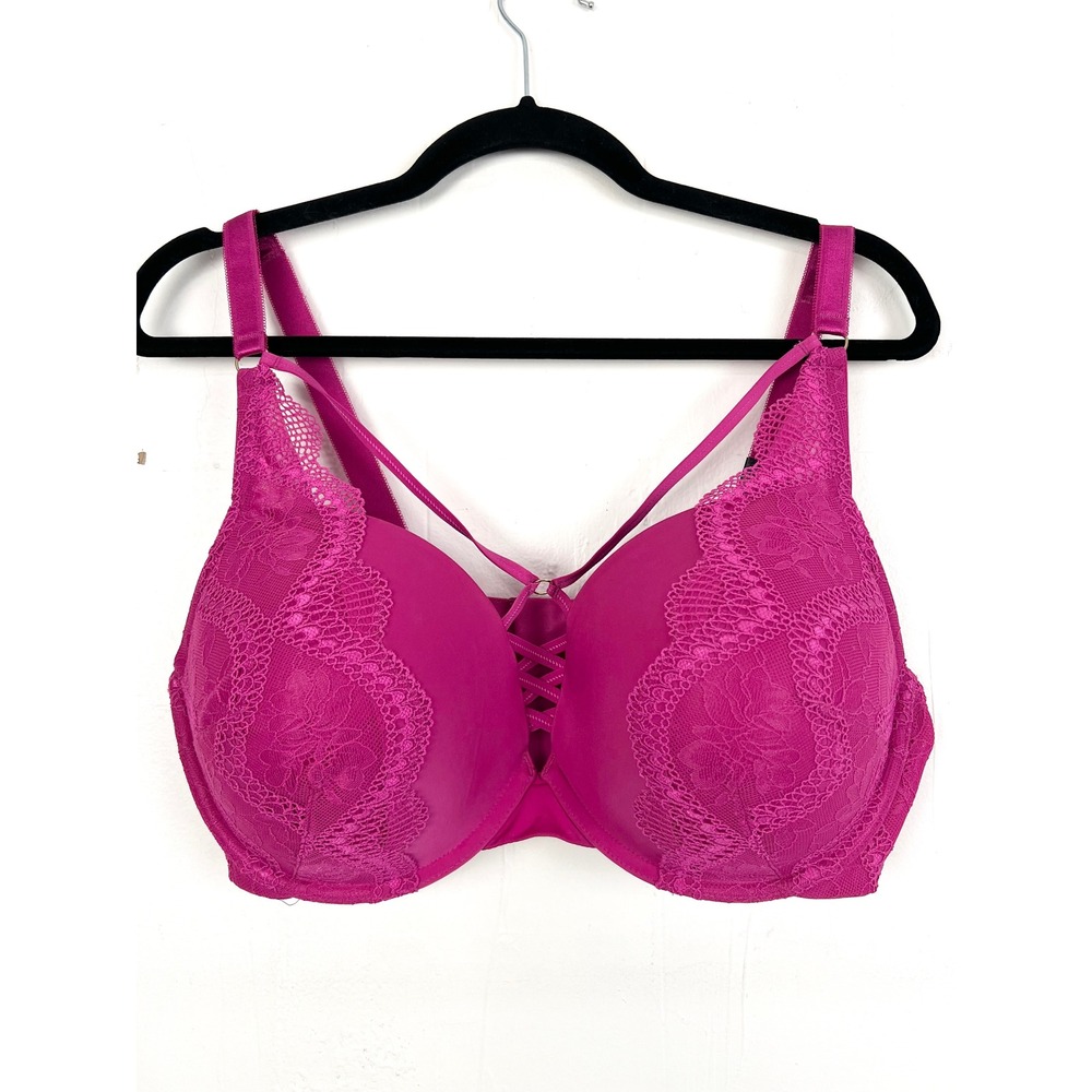 Torrid Curve XO Plunge Push Up Strappy Lace Bra Fuchsia Pink 40DDD NWT